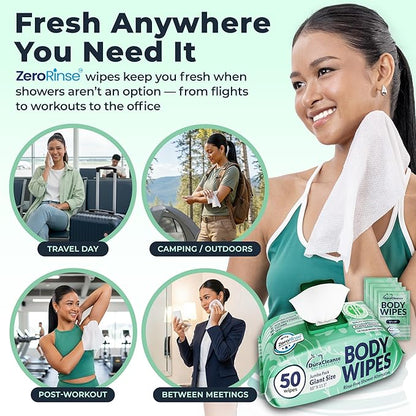 Body Wipes for Women, Extra Moist No Rinse Bathing – 50 XL Shower Cloths + 4 Travel Bath Sheets, 10" x 11.5" Disposable Washcloths for Women’s Hygiene and Post Workout Cleanup