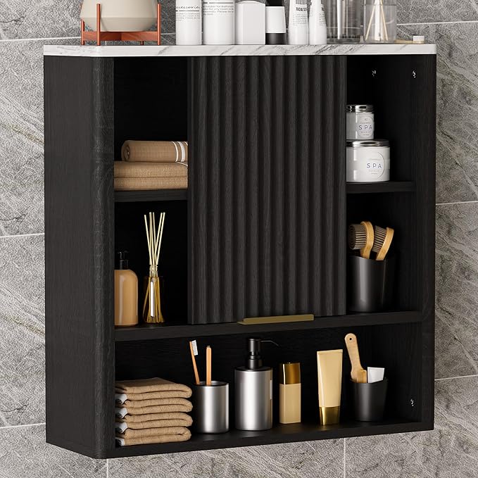 24” Bathroom Wall Cabinet, Modern Wood Medicine Cabinet with Adjustable Shelves, Above Toilet Storage Organizer for Kitchen, Living Room,Laundry Room,Black