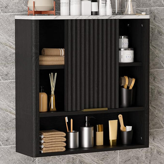 24” Bathroom Wall Cabinet, Modern Wood Medicine Cabinet with Adjustable Shelves, Above Toilet Storage Organizer for Kitchen, Living Room,Laundry Room,Black