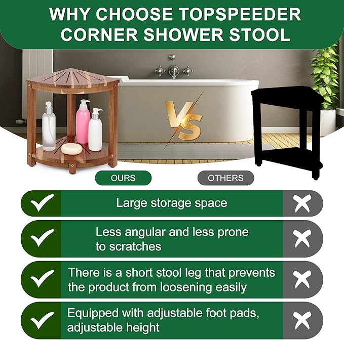 Bathroom Corner Shower Stool with Storage Shelf, Shower Feet Stool, Non-Slip Adjustable Feet Drain Holes, for Shaving Legs, SpacemSaving Shower Bench with Storage for Small Spaces