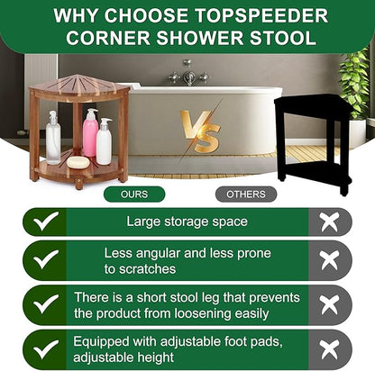 Bathroom Corner Shower Stool with Storage Shelf, Shower Feet Stool, Non-Slip Adjustable Feet Drain Holes, for Shaving Legs, SpacemSaving Shower Bench with Storage for Small Spaces