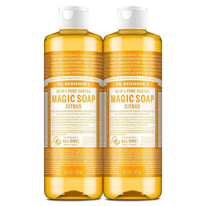 Dr. Bronner's Pure-Castile Magic Liquid Soap (Citrus, 16 Ounce, 2-Pack)- Made with Regenerative Organic Certified Oils, 18-in1 Uses: Face, Hair, Hand & Body Soap, Laundry, Pets- Concentrated, Vegan