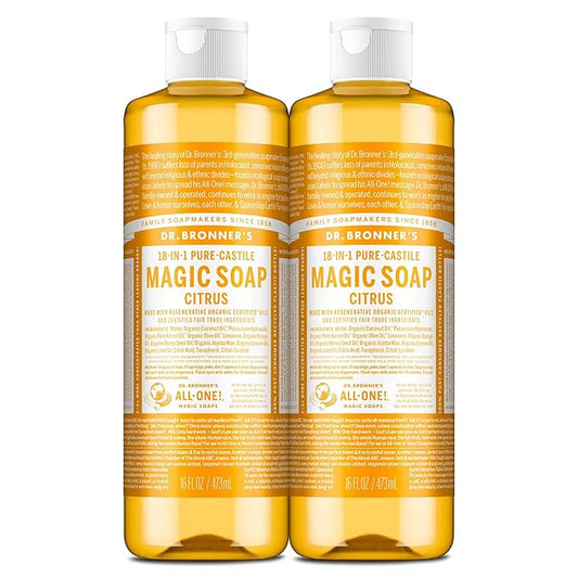Dr. Bronner's Pure-Castile Magic Liquid Soap (Citrus, 16 Ounce, 2-Pack)- Made with Regenerative Organic Certified Oils, 18-in1 Uses: Face, Hair, Hand & Body Soap, Laundry, Pets- Concentrated, Vegan