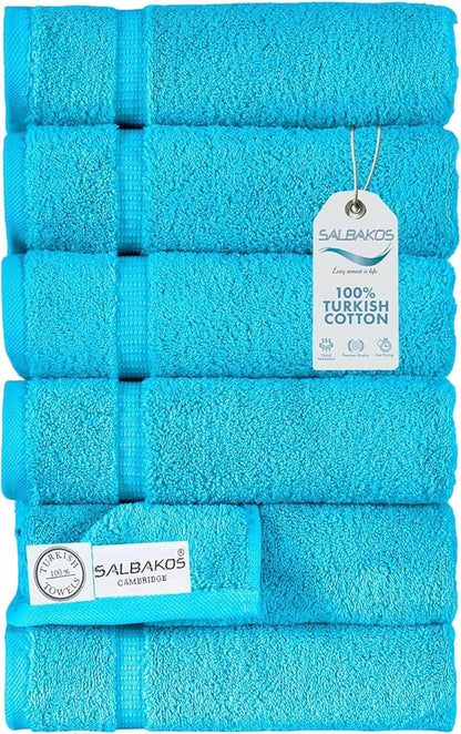 SALBAKOS 100% Turkish Cotton Hand Towel Set of 6 16x30 inch | Heirloom Quality | Hotel & Spa Collection | Ultra Soft, Super Absorbent, Long Lasting Hand Towels | Made in Turkey (Aqua, 6 Hand Towels)
