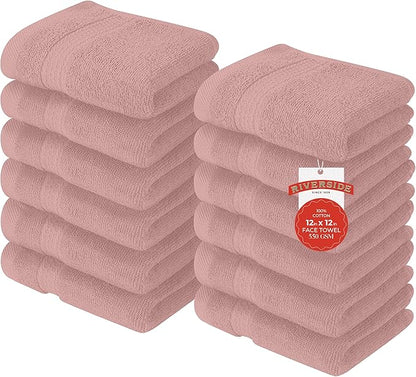 RIVERSIDE 12 Pack Premium 100% Cotton Face Washcloths, 550 GSM, 12 x 12 Inches, Soft, Absorbent Towels for Body & Shower, Bathroom Wash Clothes, Durable Face Towels Set for Spa, Gym, Dusty Rose