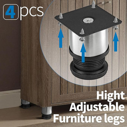 2.5 Inch Metal Furniture Legs Stainless Steel Adjustable Legs Silver Table Legs Round Cabinet Legs for Coffee Table Cabinet Desk Sofa Shelves, Pack of 4