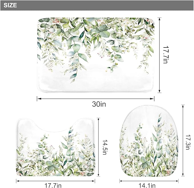 Riyidecor Green Eucalyptus 4Pcs Bathroom Shower Curtain Sets Plants Botanical Leaves Bathroom Decor Set with Rugs and Accessories Green Leaves Toilet Lid Rug, Contour and Bath Mat with 12