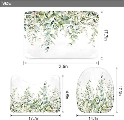 Riyidecor Green Eucalyptus 4Pcs Bathroom Shower Curtain Sets Plants Botanical Leaves Bathroom Decor Set with Rugs and Accessories Green Leaves Toilet Lid Rug, Contour and Bath Mat with 12