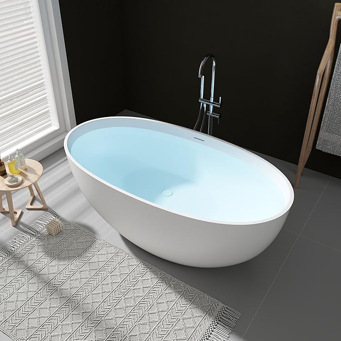 SJ STAR&JANE 55" Solid Surface Freestanding Bathtub, Stone Resin Oval Soaking Tub Matte White Stand Alone Tub with Overflow and Pop-up Drain for Bathroom
