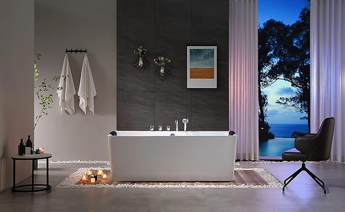 Empava 67 inch Whirlpool Bathtub, Acrylic Freestanding Tub Hydromassage Gracefully Rectangle Shaped Whirlpool 8 Water Jets Soaking SPA, Double-Ended Massage Bathtub with Black Pillows, White