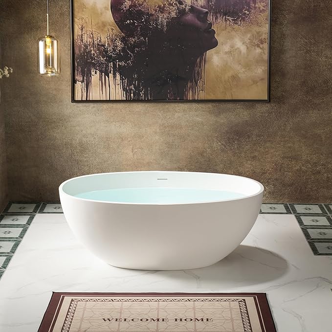 WOODBRIDGE 55 in. x 30.75 in. Stone Resin Luxury Contemporary Solid Surface Freestanding Bathtub in Matte White