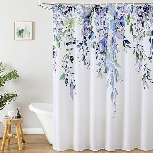 Colorful Star Green Eucalyptus Waterproof Shower Curtain Set with Hooks, Minimalist Watercolor Floral Print Bathroom Décor, Plant Leaves Washable Fabric Shower Curtain, 72 x 84 Inch