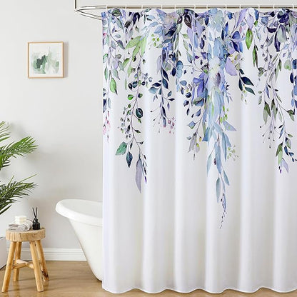 Colorful Star Green Eucalyptus Waterproof Shower Curtain Set with Hooks, Minimalist Watercolor Floral Print Bathroom Décor, Plant Leaves Washable Fabric Shower Curtain, 72 x 78 Inch