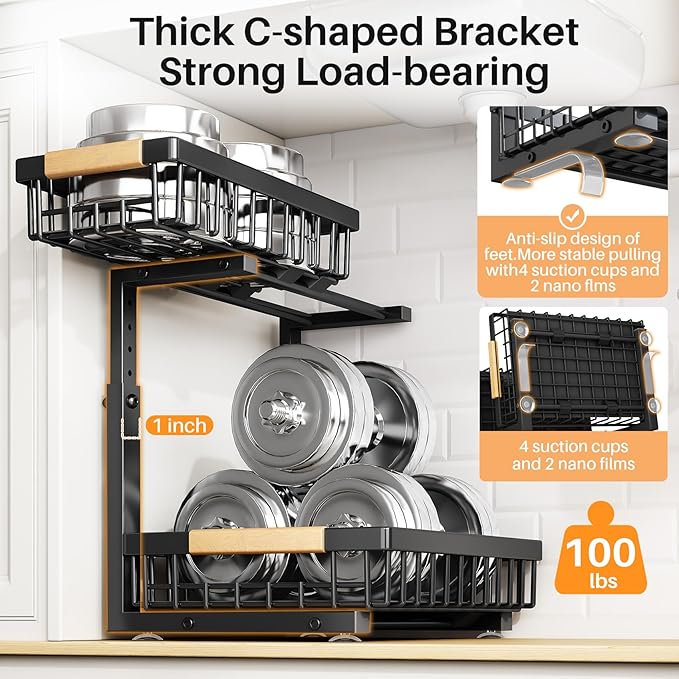 PXRACK 1 Pack Under Sink Organizer,Adjustable Height,2 Tier Pull Out Under Cabinet Organizer,Slide Out Thickened Metal Under Sink Storage for Kitchen Bathroom Laundry Cabinet Pantry,Black(S)