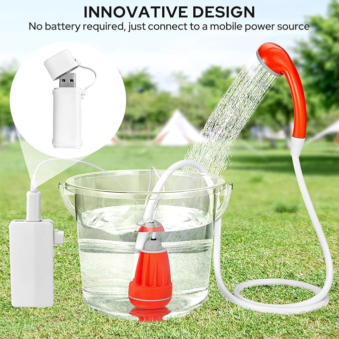 Portable Shower for Camping, 4400mAh Electric Portable Camping Shower with USB C Adapter, Outdoor Camp Pump with LED Camping Light, Multiple Power Supply Methods, for Hiking, Travel, Car
