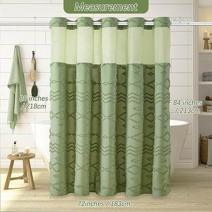 Long No Hook Tufted Chevron Striped Shower Curtain with Snap-in PEVA Liner Set - 72" x 86", Hotel Style with See Through Top Window, Water Repellent Fabric Shower Curtain Sage Green