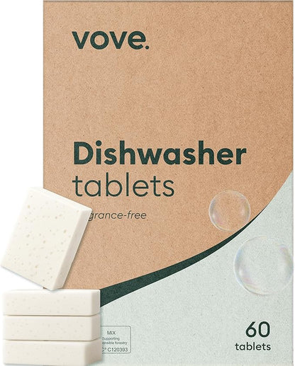 Vove Plastic-Free Dishwasher Tablets, 60 Pack - All-in-One Plant-Based Formula with 2x Enzyme Power - Tackles Stubborn Stains, No Pre-Rinse Needed, Biodegradable & Concentrated, Fragrance-Free