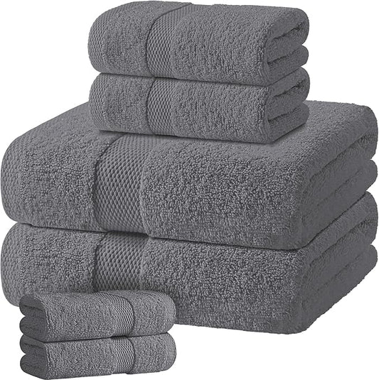 Gray Bath Towel Set of 6 - 100% Cotton Highly Absorbent Towels for Bathroom, 2 Luxury Bath Towels 650GSM, 2 Hand Towels, 2 Washcloths
