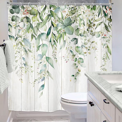 Riyidecor Sage Green Eucalyptus Leaves Shower Curtain for Bathroom Decor 72Wx72H Wooden Rustic Leaf Plants Botanical Spring Floral Art Printed Fabric Polyester Waterproof 12 Pack Plastic