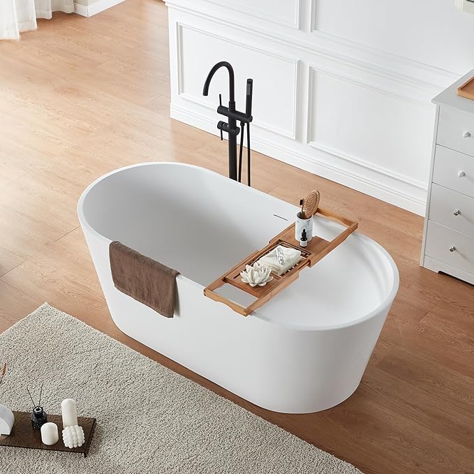 Cpingao 71" Stone Resin Freestanding Bathtub, Contemporary Oval Solid Surface Soaking Stand Alone Tub, Matte White, Drain & Overflow Included 8816-1800