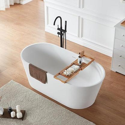 Cpingao 63" Stone Resin Freestanding Bathtub, Modern Oval Solid Surface Soaking Stand Alone Tub, Matte White, Drain & Overflow Included 8816-1600