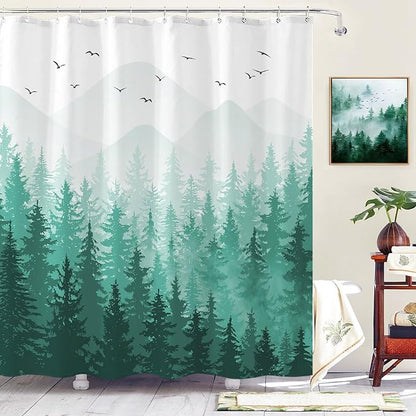 Aipon Teal Misty Forest Shower Curtain Ombre Nature Tree Plants Shower Curtains Fabric Waterproof Mountain Shower Curtain Sets for Bathroom Bath Decor with 12 Hooks (Teal, 72'' × 78'')