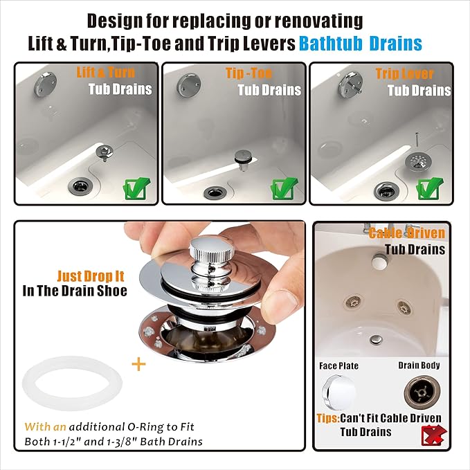Artiwell Universal Lift and Turn Bath Drain Stopper and Cover, Bathtub Drain Stopper, Replaces Lift and Turn, Tip-Toe and Trip Lever drains for Tub, EZ Installation and Clearing (Chrome Plated)