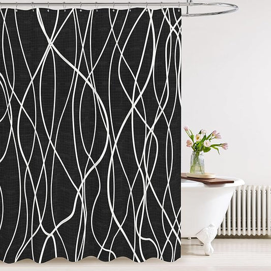 Tititex Morden 140gms Faux Linen Bath Shower Curtain Set Textured Fabric with Black White Curve Pattern 72x72 Inch Water Resistant Bathroom Curtains, Weighted Hem & Hooks for Home/Hotel
