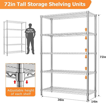 Storage Shelves Heavy Duty, 2 PCS 36" L x 14" W x 72" H Garage Wire Shelving Unit Loads 1750LBS, 5-Tier Adjustable Metal Industrial Utility Shelf Rack for Kitchen, Laundry Room, Warehouse, Basement