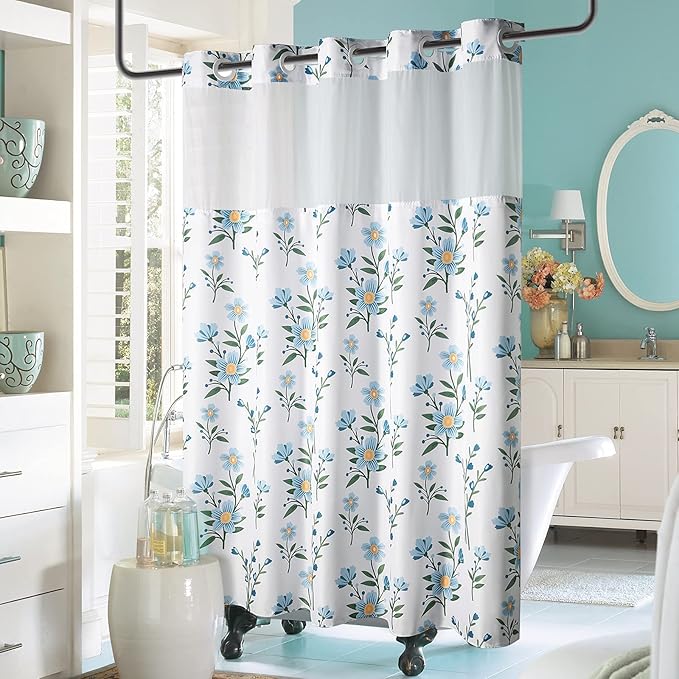 Lagute SnapHook Floral Shower Curtain with Snap-in Liner for Bathroom| No Hook Needed| Mesh Top Window| Machine Washable| Hotel Grade| 71Wx74L，Blue Bouquet