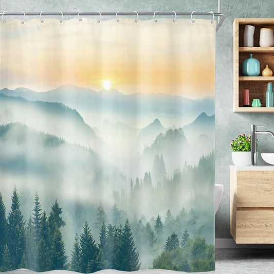 Riyidecor Extra Long Mountain Shower Curtain 72Wx84H Inch Green Yellow Sunrise Sunset Misty Scenery Landscape Nature Woodland Greenery View Bathroom Decor Fabric Polyester Waterproof 12 Pack Hooks