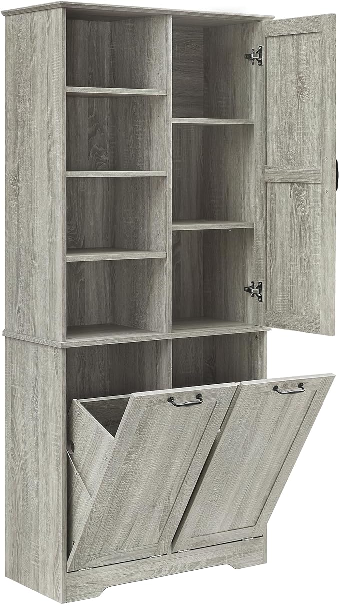 Favfurish 68" Tall Bathroom Storage Cabinet with Door and 2 Tilt-Out Laundry Hampers,Modern Linen Cabinets w/Open Shelf & Adjustable Shelves,Freestanding Organizer for Laundry Room,Kitchen,Oak