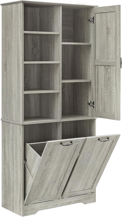 Favfurish 68" Tall Bathroom Storage Cabinet with Door and 2 Tilt-Out Laundry Hampers,Modern Linen Cabinets w/Open Shelf & Adjustable Shelves,Freestanding Organizer for Laundry Room,Kitchen,Oak