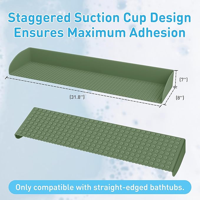 Roslim Bathtub Splash Guard for Tub - Silicone Bath Ledge for Toddlers, Tub Play Shelf for Kids with Suction Cups, Bathtub Side Tray for Bath Toys, Bathroom Accessories for Toddlers, Olive Green