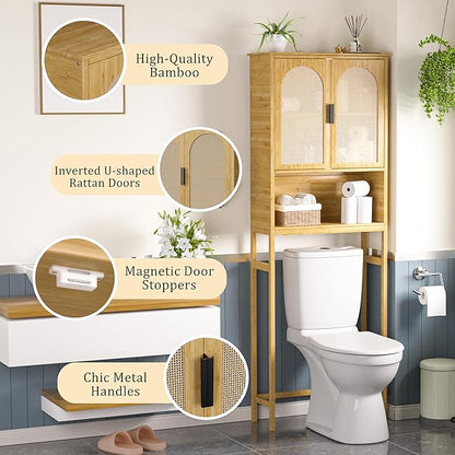 BlueWish Bathroom Organizers and Storage, Bamboo Over The Toilet Storage Cabinet with Inverted U-Shaped Door & Anti-Tip Device, Space Saver, Natural