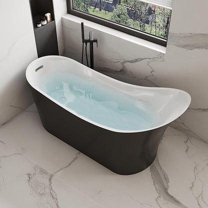 55" Black Modern Free Standing Soaking Slipper Bathtub, WHALEKING Luxury Stand Alone Deep Acrylic Hot Tub with Chrome Overflow & Drain,