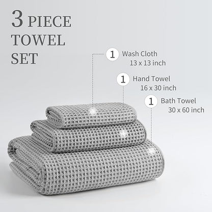 New Microfiber Waffle Bath Towels, 3 Pieces, Oversized, Soft, Absorbent, Fast Drying, Lint Free, Includes Bath, Face and Hand Towels (Silver)