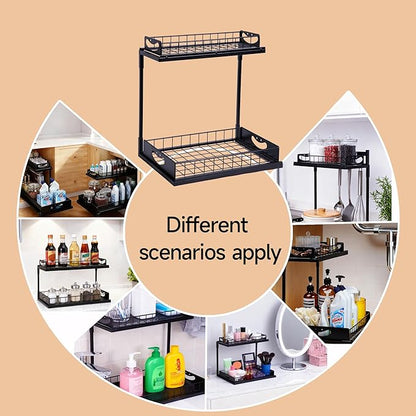 2 Pack Pull-Out Storage Basket Under Sink Organizers Under Sink Storage Racks For Kitchen Cabinet,Bathroom,Storage Box, Black