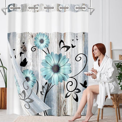 No Hook Teal Flower Shower Curtain with Snap in Fabric Liner Set, Daisy Rustic Farmhouse Double Layers Waterproof Fabric with See Through Top Window Open Grommet Bath Curtain 71x74 Inch