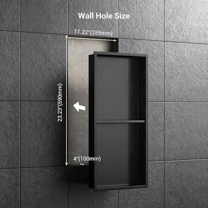 Shower Niche 12x24, Matte Black, No Tile Needed 304 Stainless Steel Recessed Wall Niche Insert with Double Shelves, Built-in Sloped Base Drainage, in-Wall Shower Storage for Bathroom Remodel