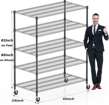 Homdox Heavy Duty Storage Shelves, 5 Tier Wire Shelving Unit with Wheels, Commercial Adjustable Metal Shelves for Storage, Garage Rack Pantry Shelves Kitchen Shelving, 24"x48"x82", Black
