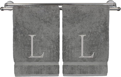 Monogrammed Hand Towel, Personalized Initial Gift, Extra Absorbent 100% Turkish Cotton - Soft Terry Finish - Set of 2 - Silver Block Initial L - Embroidered on Grey Towels
