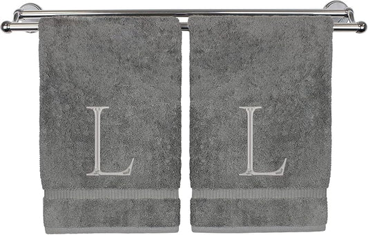Monogrammed Hand Towel, Personalized Initial Gift, Extra Absorbent 100% Turkish Cotton - Soft Terry Finish - Set of 2 - Silver Block Initial L - Embroidered on Grey Towels