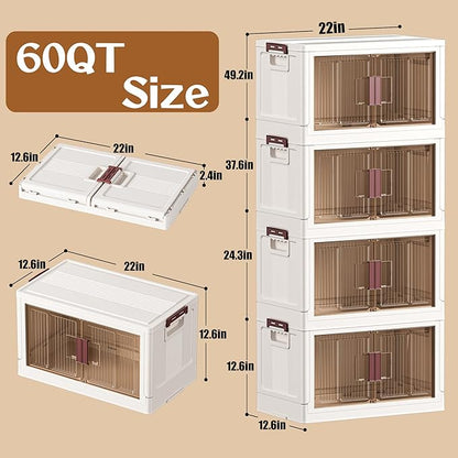 60GAL/240QT 4 tier large stackable storage bins with lid and wheels, collapsible storage bins plastic with doors，suit for clothes, closet, home and office