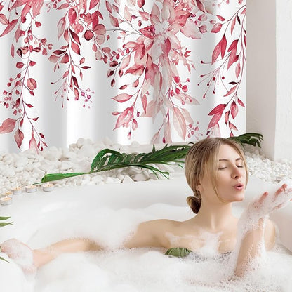 Gibelle Small Stall Shower Curtain 36 x 72, Narrow Half Pink Floral Shower Curtain for Bathroom, Watercolor Plant Eucalyptus Leaves Fabric Shower Curtain Set