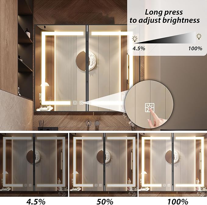 APRILSOUL 40X32 Inch Black Bathroom Medicine Cabinet with Mirror, Recessed or Surface Lighted Medicine Cabinet with 3 Colors Temperature, Dimmable Light