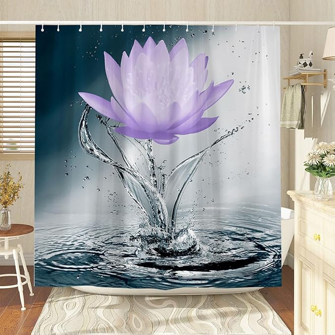 Lotus Shower Curtain Black White Blue Violet Flower Elegant Blooming Floral with Dew Spring Flower Reflection on Water Modern Romantic Polyester Fabric Bathroom Decor 108×70 Inch with Hook