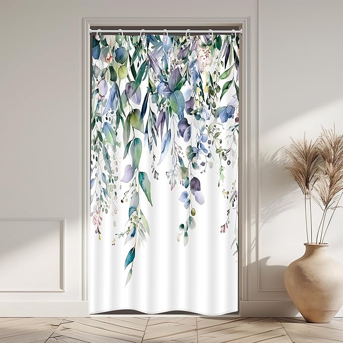 Riyidecor Small Stall Teal Eucalyptus Shower Curtain for Bathroom Decor 36Wx72H Green Leaves Plant Watercolor Floral Rustic Botanical Spring Art Printed Fabric Polyester Waterproof 7 Pack Plastic