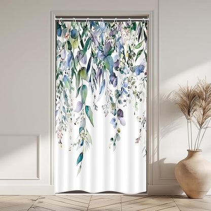 Riyidecor Small Stall Teal Eucalyptus Shower Curtain for Bathroom Decor 36Wx72H Green Leaves Plant Watercolor Floral Rustic Botanical Spring Art Printed Fabric Polyester Waterproof 7 Pack Plastic