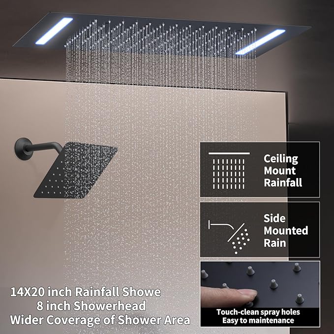 Digital Display Shower Faucet Set Matte Black Shower System with 14X20 inch Ceiling Mounted Shower Head and 8 inch Wall Mounted Shower Head Combo, Handheld Shower